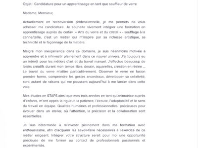 Recherche contrat d’apprentissage pour CAP art du verre et du cristal soufflage à la canne/taille