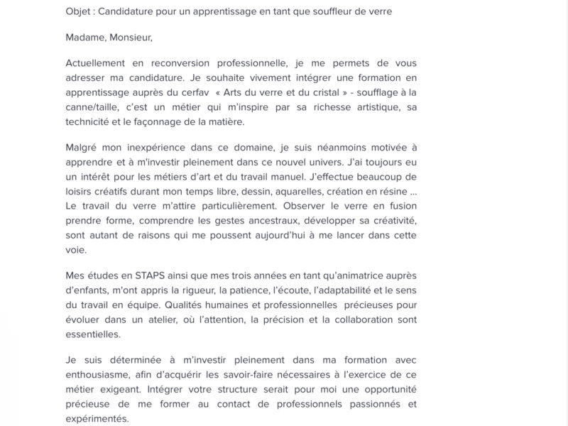 Recherche contrat d’apprentissage pour CAP art du verre et du cristal soufflage à la canne/taille