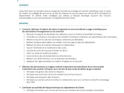 Technicien.ne à l’atelier de soufflage de verre département de Chimie - Faculté des Sciences niveau Bachelier / Graduat