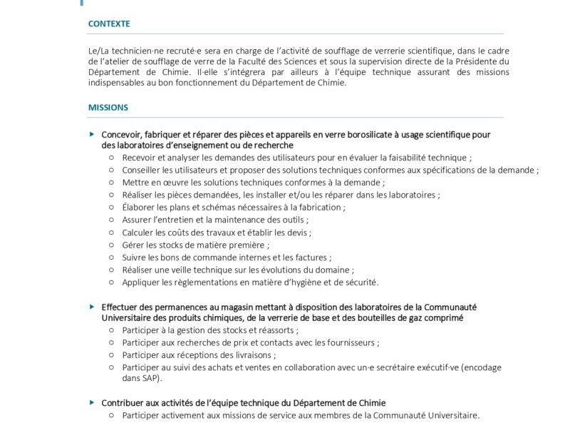 Technicien.ne à l’atelier de soufflage de verre département de Chimie - Faculté des Sciences niveau Bachelier / Graduat
